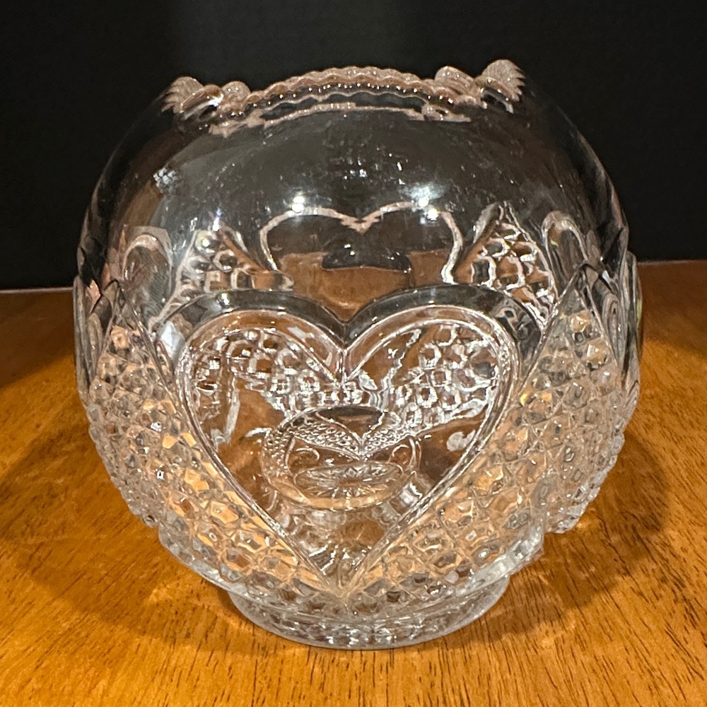 Tarentum Clear Glass Heart w/ Thumbprint Vase w/ scalloped square opening. Rare